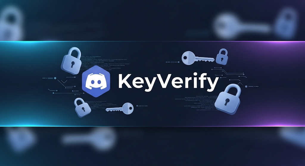 KeyVerify — Discord bot banner with lock and key artwork around the Discord logo